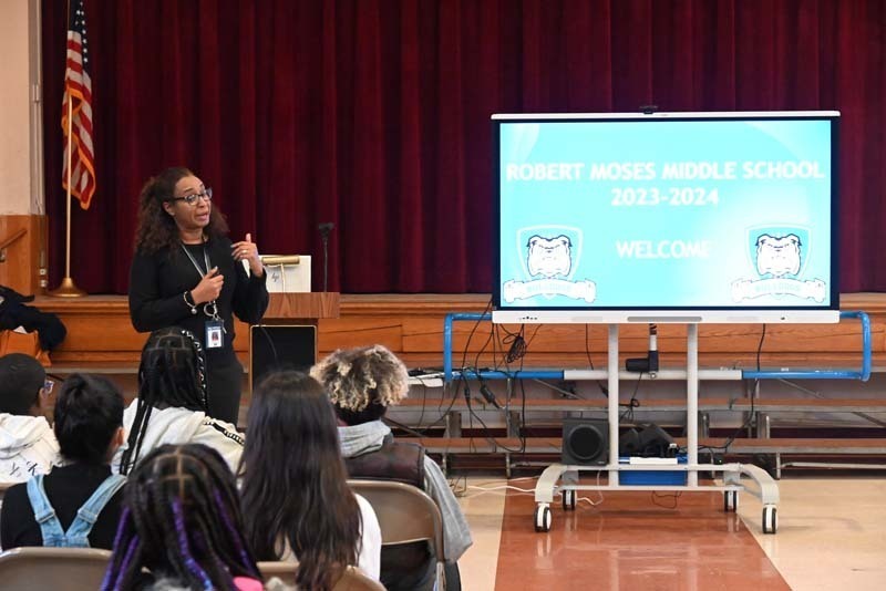 Principal Stephanie Hasandras speaking to students